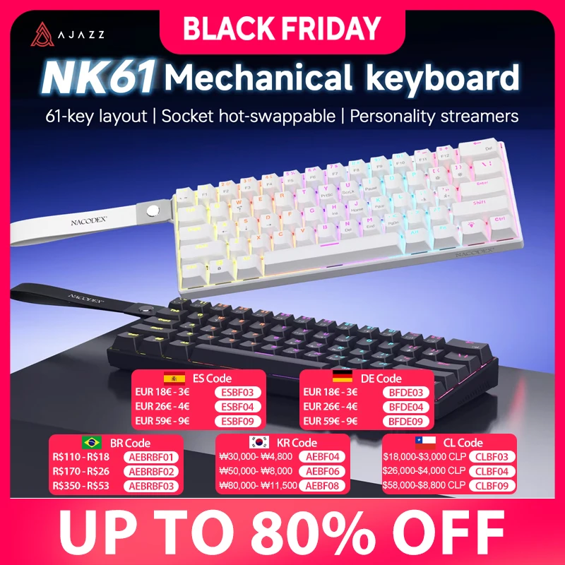 AJAZZ NK61 Wired Gaming Mechanical Keyboard 60% RGB Hot-Swappable 61 Keys Red Switch Mini Keyboard for Gamer PC