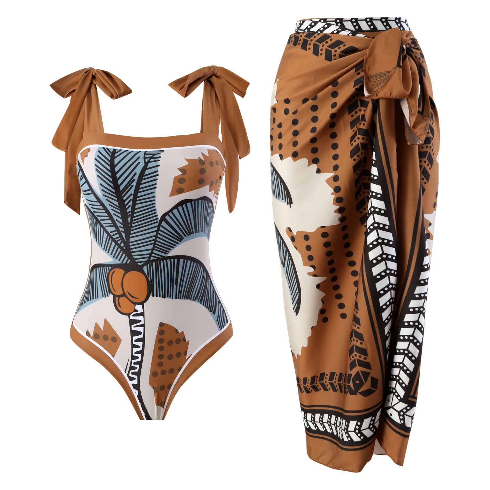 Luxury Elegant Flora Print Bikini Sets Swimsuit & Skirt Asymmetrical One Piece Swimwear Female Cover Up Brazilian Bathing Suit