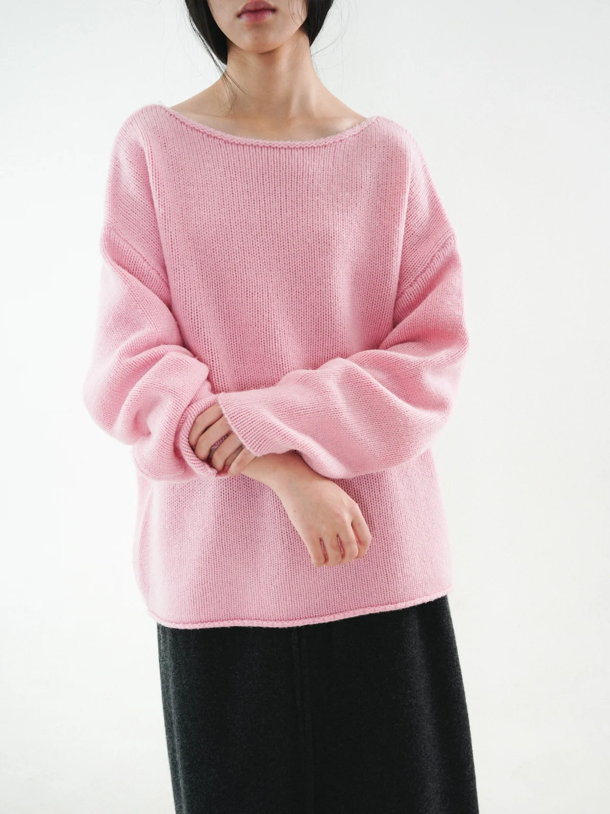 

Spring Autumn Women's Knitted Woolen Sweater Pink One-oulder Lazy Sle Ciwalk Casual Long Sve round Ne Top
