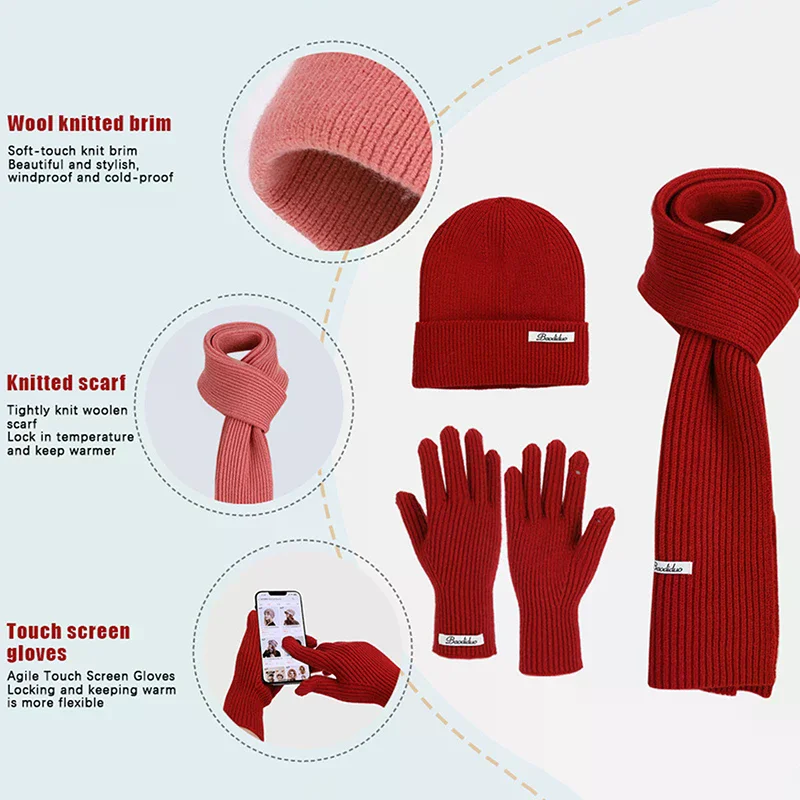 3 pièces hiver tricoté chapeau pour femmes écharpe gants ensemble bordeaux confortable doux décontracté chaud chapeau ensemble extérieur coupe-vent équitation ensemble