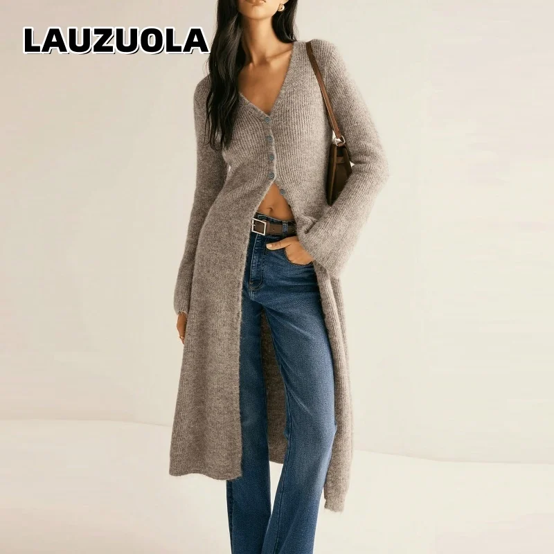 Women V Neck Maxi Knit Cardigan Sweater Dress Autumn Winter Long Sleeve Slim Fit Coat Soft Ribbed Knit Outerwear Streetwear