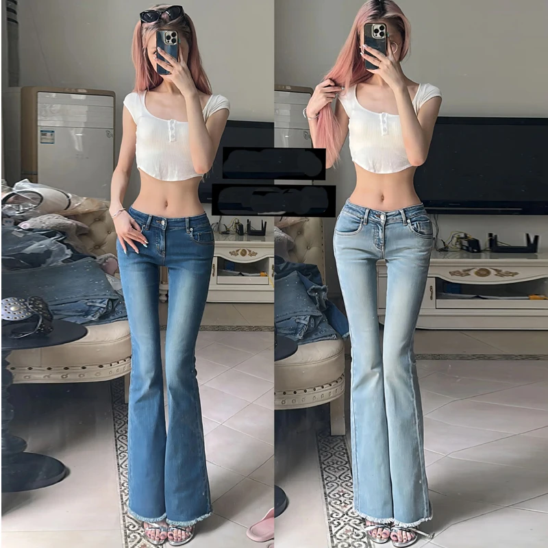Low Waist High Elasticity Bell Bottom Jeans Women's Group Design Hip Enhancing Slimming Fashionable Casual Style Jeans