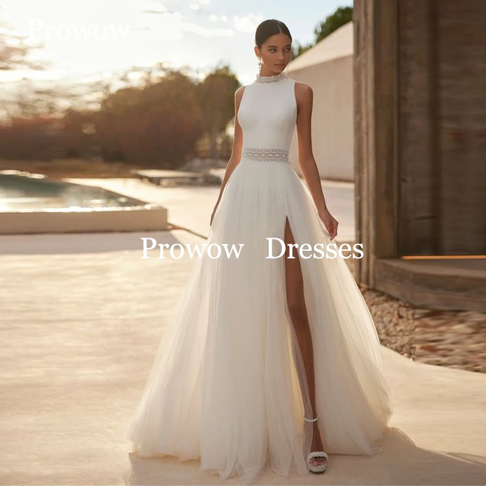 

Prowow Boho Ivory A Line Wedding Dress Sleeveless O Neck Bride Gowns Floor Length Pleats Soft Tulle Beach Dresses Customized