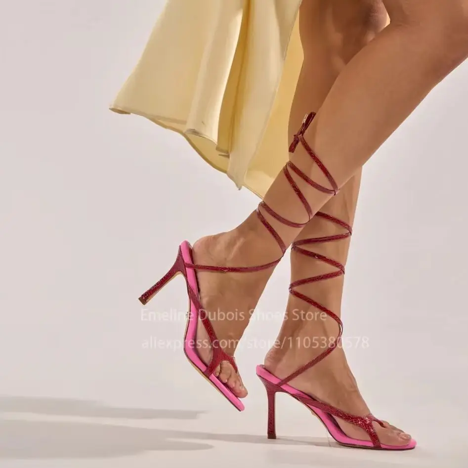 Color Block Alligator Strappy Thong High Heel Sandals Open Toe Ankle Wrap Sculptured Heel Sandals Party Summer Women Dress Shoes
