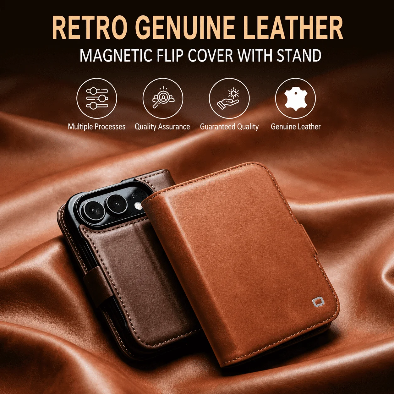 Case For iPhone Duo，100% Genuine Leather Stand Wallet Luxury Flip Cover with Card Slots Shockproof Anti-Slip Protective Cover