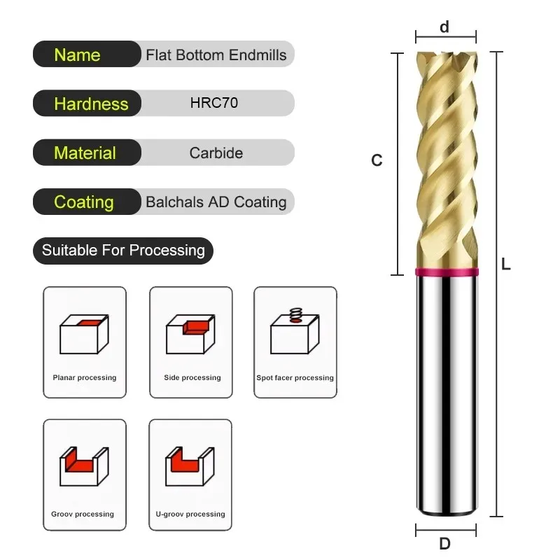 AZZKOR 4F Endmills Color-Ring Balchals AD Coating Tungsten Steel Carbide Flat Bottom Milling Cutter For CNC Mechanical TGP-HRC70