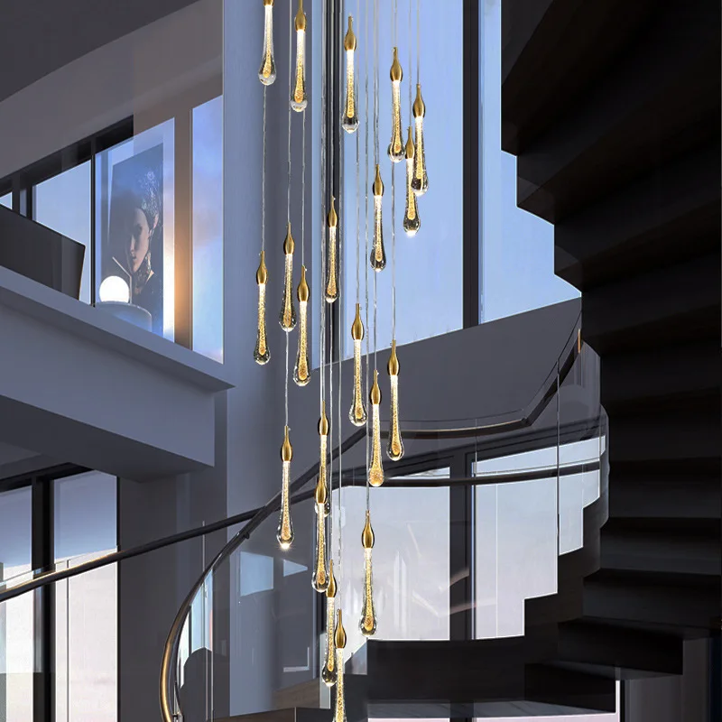 

Modern Crystal Chandelier For Staircase Villa Large Gold Water Drop Led Crystal Pendant Lamp Lobby Hanging Lighting Fixtures