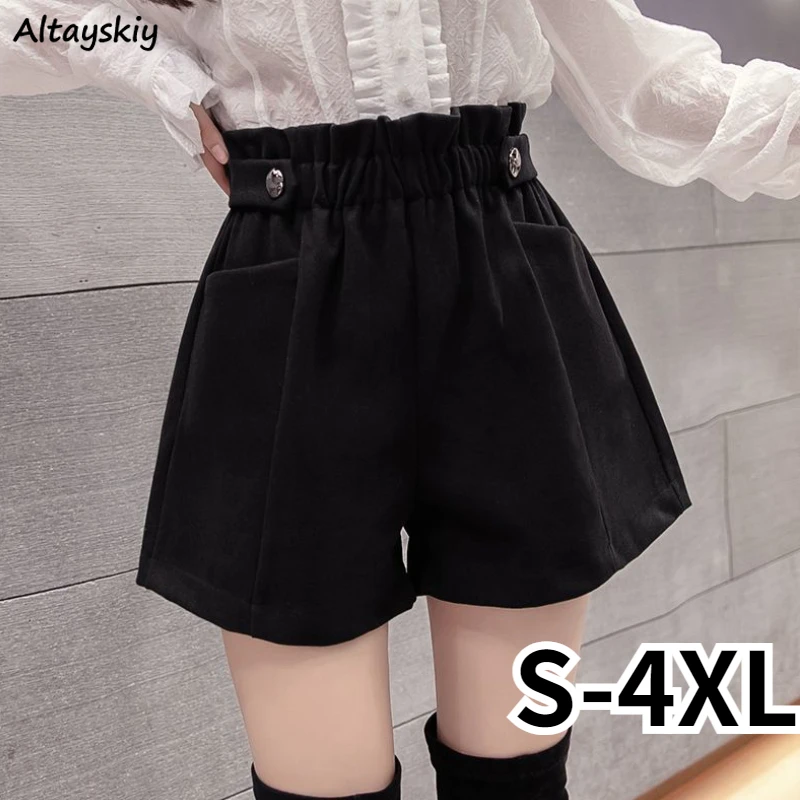 Black Woolen Shorts Women Chic Folds High Waist Design Loose Autumn Winter College Vintage Streetwear Lovely Female Classy Basic