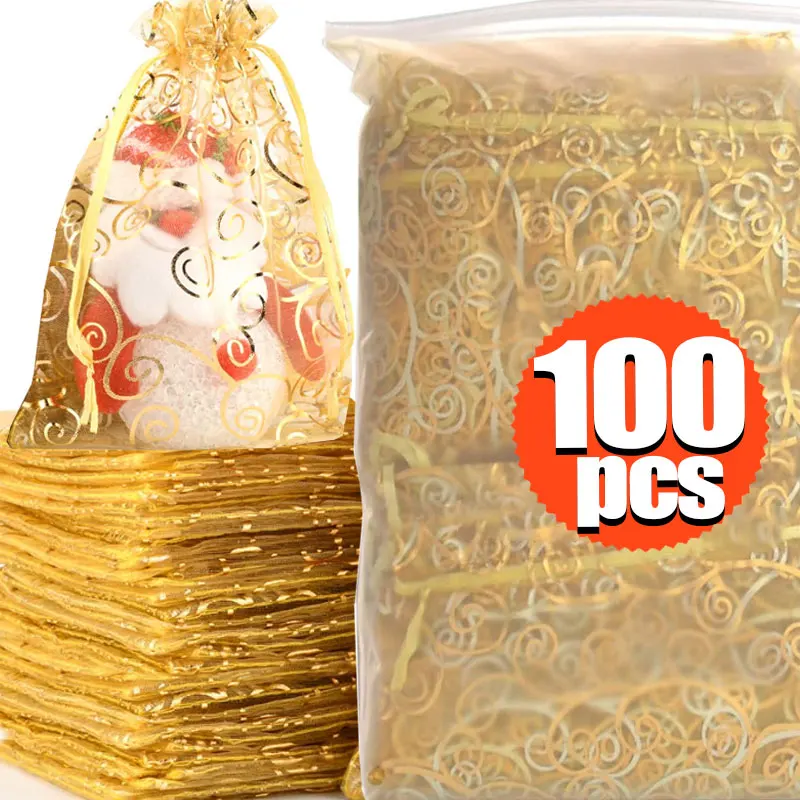 100/10 個ゴールドカラーオーガンザギフトバッグジュエリーギフトポーチウェディングパーティーキャンディーバッグジュエリー包装卸売