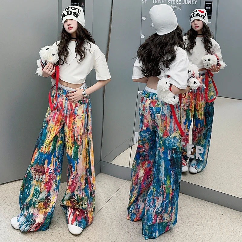 spring summer American 3D color printed teen girls Wide leg pants junior kids design Oil painted trousers calcas infantil 4-14