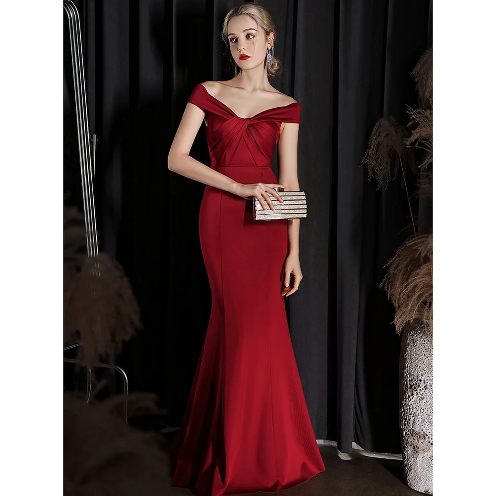 DEERVEADO Off Shoulder Soft Satin Mermaid Evening Dress with Train Wine Red Formal Party Dresses Women Sexy Long Prom Dress