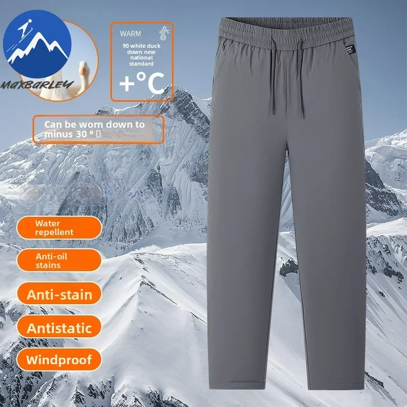 

Winter Skiing Pants Men Casual Fleece Lined Warm Trousers Trendy Drawstring Design Outdoor Adventure Windproof Down Cotton Pants