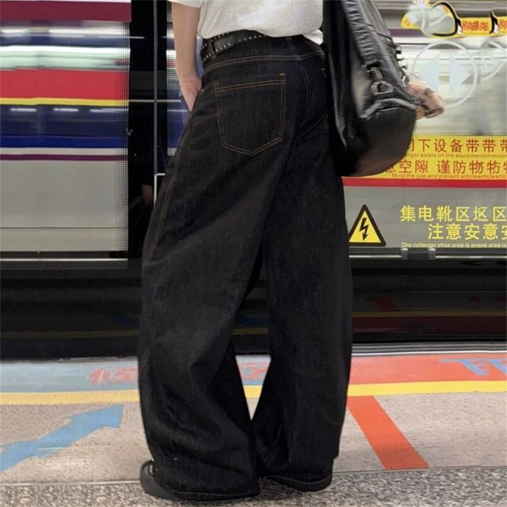 Mulheres vintage bordado preto gótico y2k baggy jeans 2025 outono harajuku estética 2000s denim calças streetwear roupas