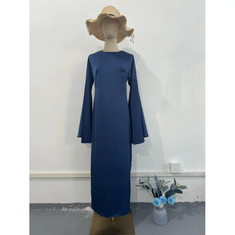 Primavera nuevo vestido elegante de Color sólido con manga acampanada de satén adelgazante que se pega a la cintura para mujer