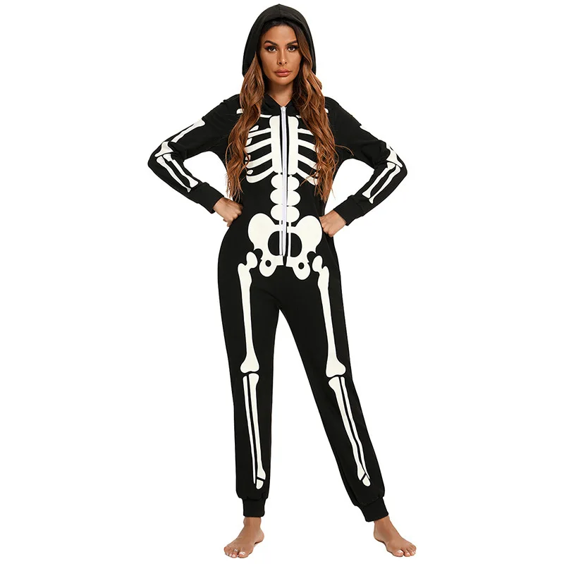 Skelet Onesie Pyjama Voor Vrouwen Pluche Skelet Jumpsuit Ritssluiting Halloween Hoody Pyjama Voor Volwassen Nachtkleding Kostuum Zwart