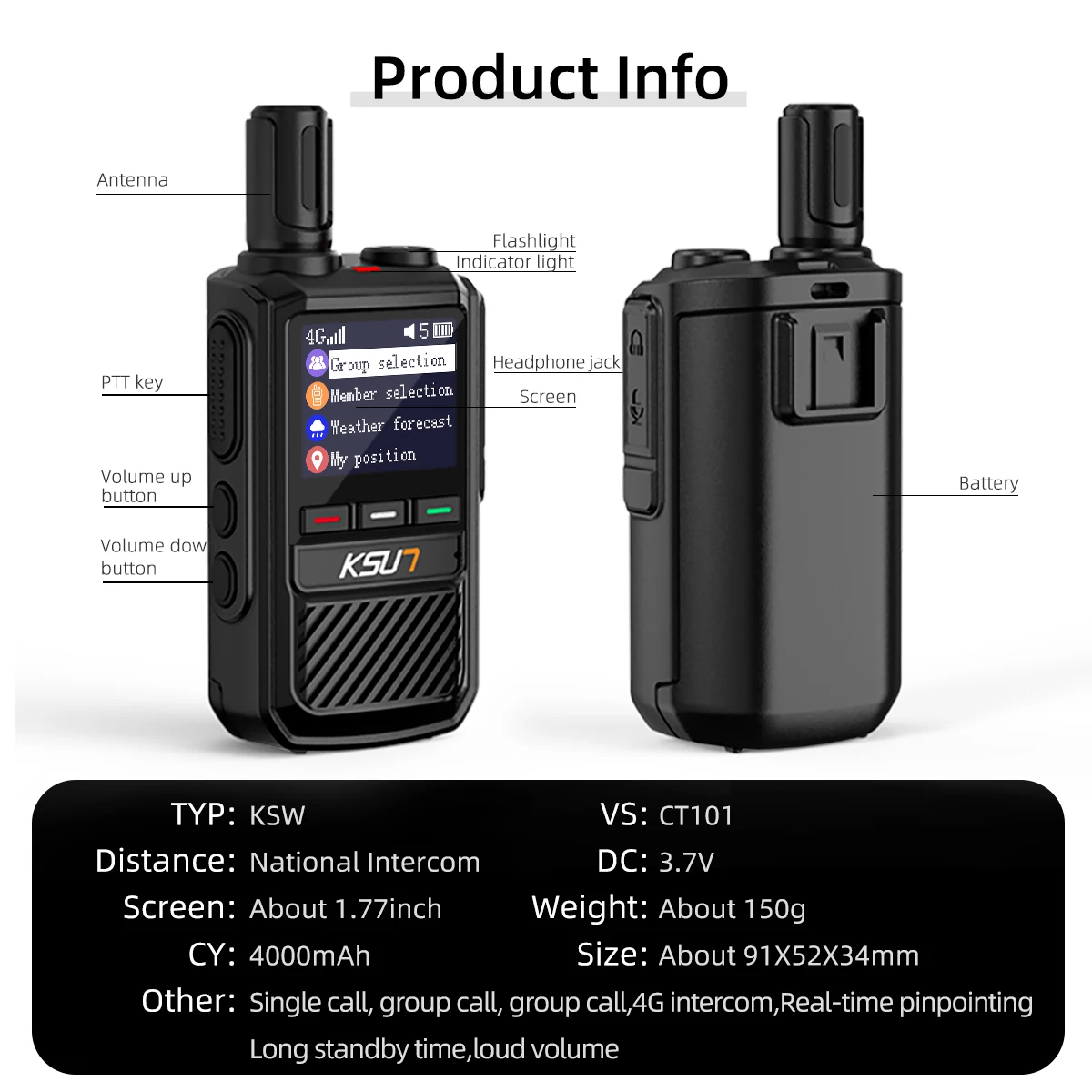 4G POC Walkie Talkie 2PCS with Pre-paid SIM Long Range Global Network Radio PTT Portable Two Way Communication Radio KSUT CT101
