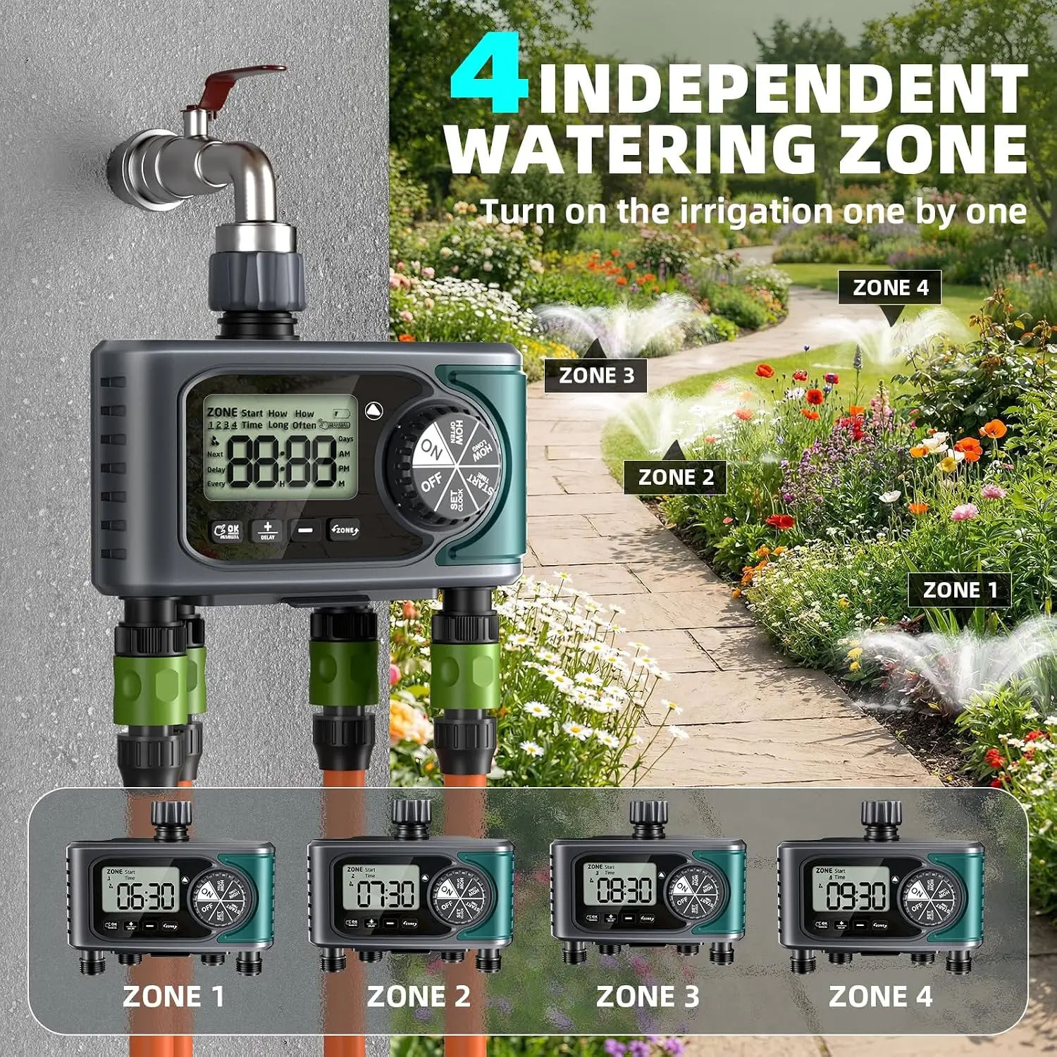 4-Zone Programmable Sprinkler Timer for Outdoor Faucet, Rain Delay, Manual & Auto Watering, Digital Irrigation for Garden Lawn