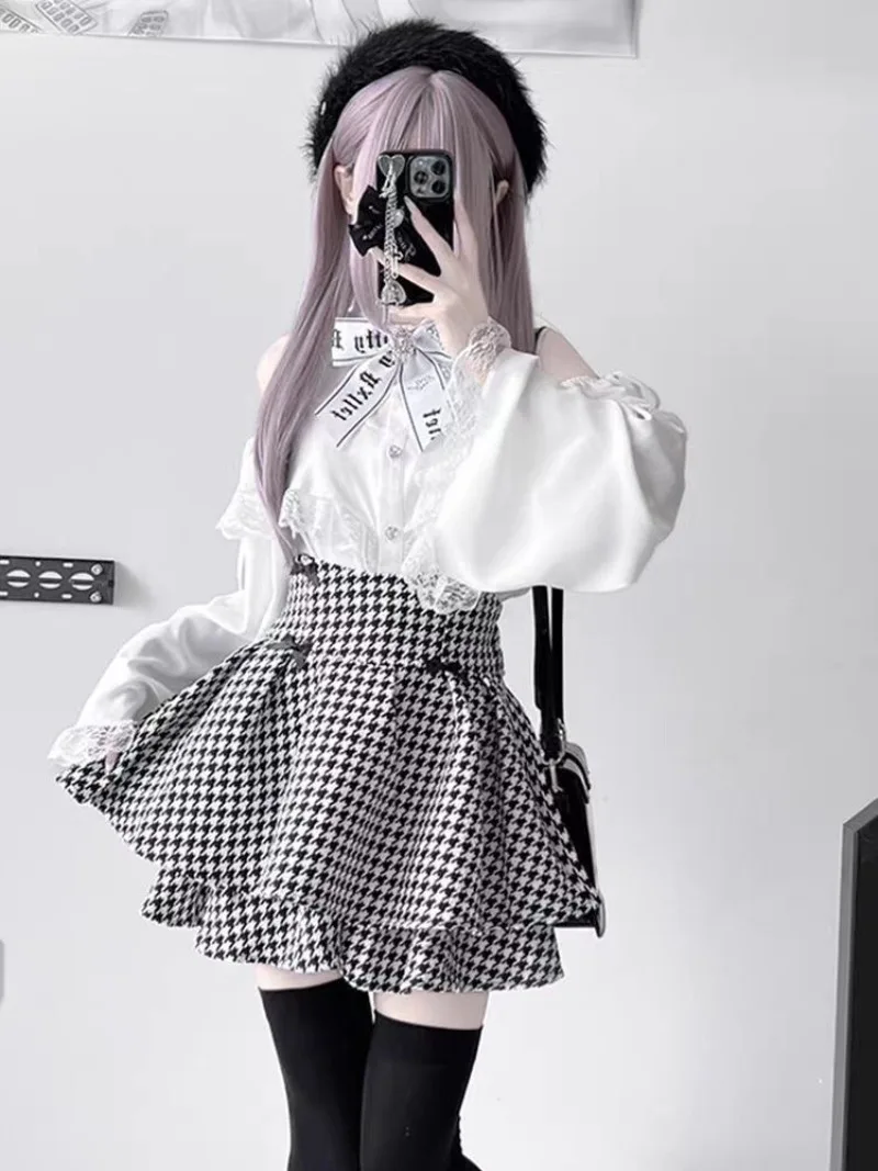 Japanse Kawaii meisje zoete kant lange mouw off-shoulder shirt + hoge taille duizend vogel halve rok 2-delige set meisjes nieuwe kleding