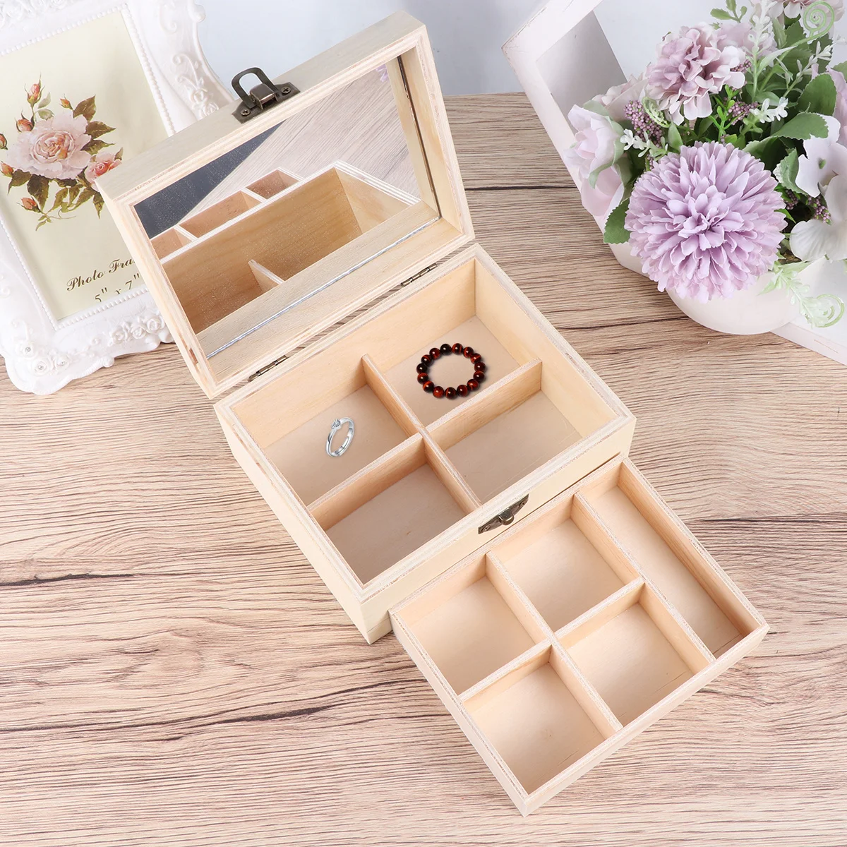 

1Pcs Wooden Jewelry Box Double Mirror Ecofriendly Wood Durable Safe Organizer Smooth Surface Long Lasting Home Decoration