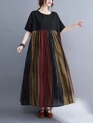 Patchwork Vintage Striped Dresses For Women New Short Sleeve Cotton Loose Casual Long Summer Dress Robe Elegant Clothing 2025