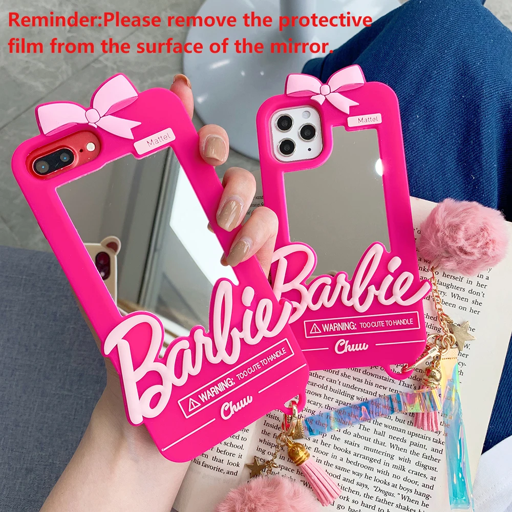 Bow Barbie Mirror Case Soft Silicone Cover With Hair Ball Pendant For iPhone 16 15 14 13 12 11 Pro X XS Max XR 7 8 6 6S Plus SE