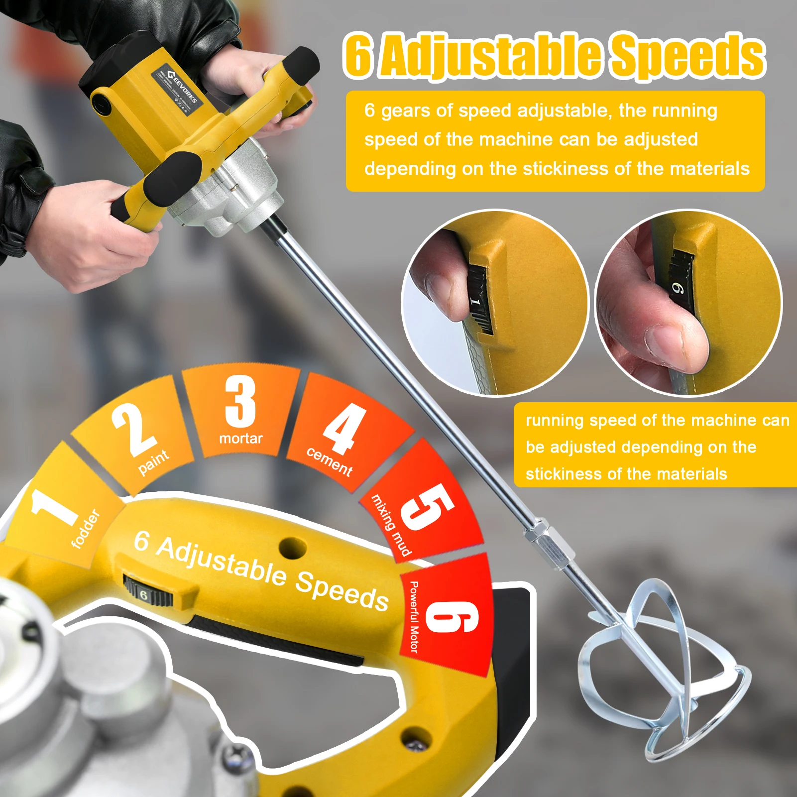 2600W Electric Concrete Mixer Portable Handheld Concrete Cement Mixer 6 Speeds Adjustable Mixing Machine Thinset Mortar Tool