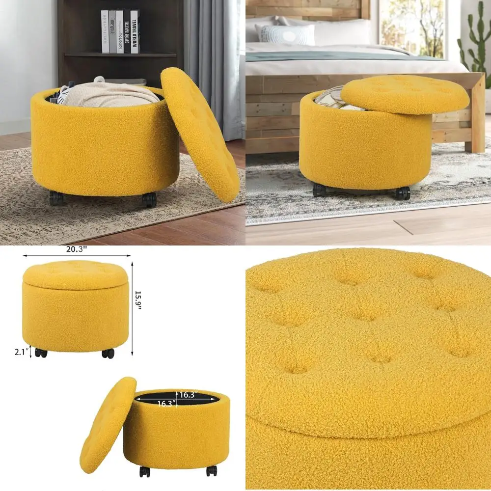 مسند تخزين دائري مع وسادة من الصوف معنقدة بزر، مسند قدم Adeco Teddy مقاس 16 بوصة على عجلات دوارة