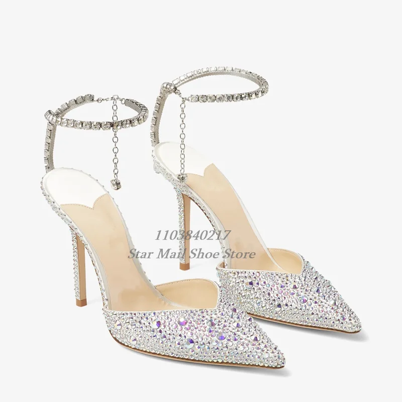 Pointed Exquisite White Satin with Hot Diamond Crystal Embellished Sandal Ankle Crystal Embellished Slingback Chain Stilettos