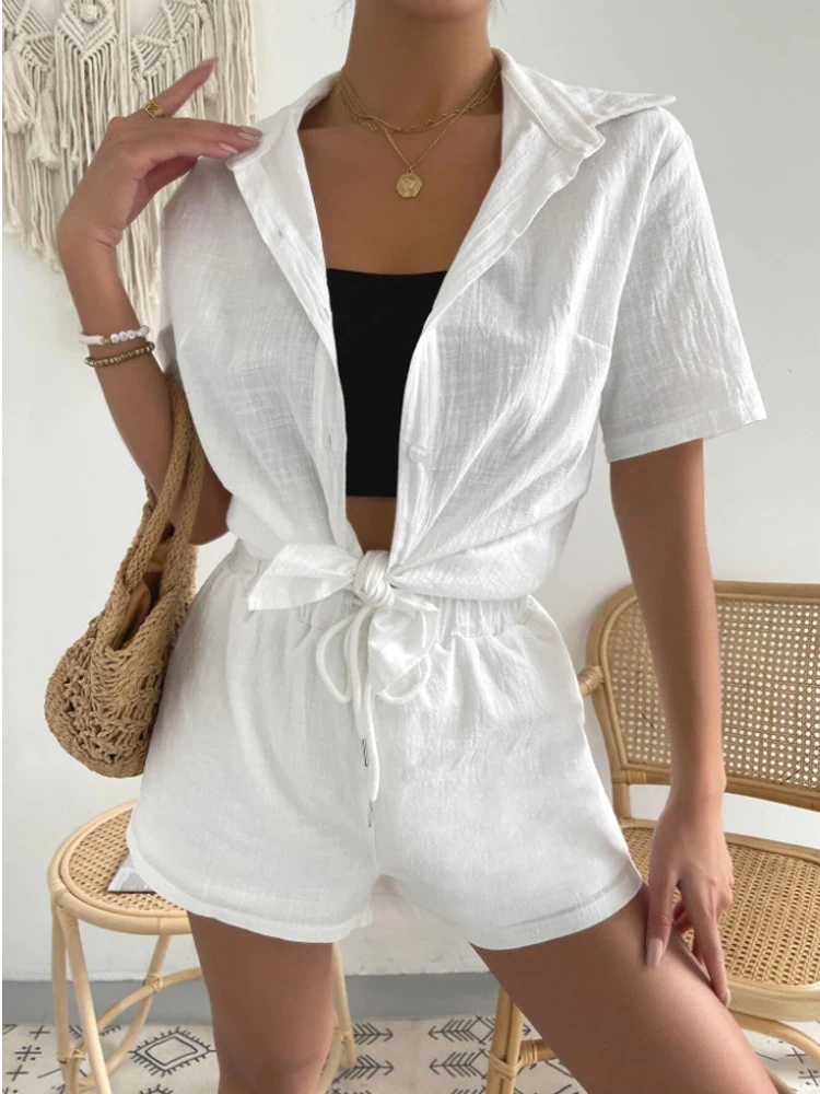Cotton Linen Women's Pajamas Set Elastic Waist Drawstring Shorts Sets 2023 Summer Casual Fashion 2 Piece Home Suit Sleepwear