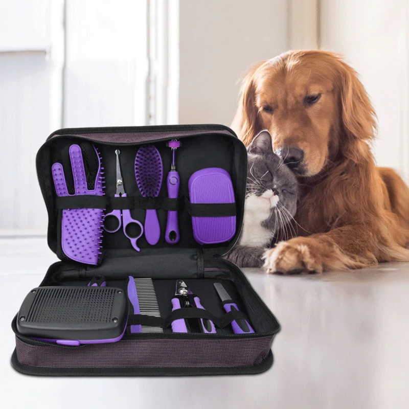 9Pcs Pet Grooming Comb Set, Hair Removal Comb For Dog, Gloves, Dog Shampoo Brush, Pet Nail Clippers, Dog Toothbrush Set