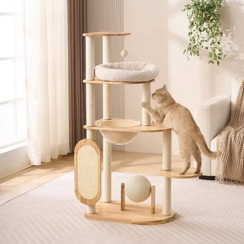 Multi Platform Solid Wooden Frame Pet Scratching Board Paper Rope Pole Sisal Post Rubber Wood Cat Tree Tower for Cats