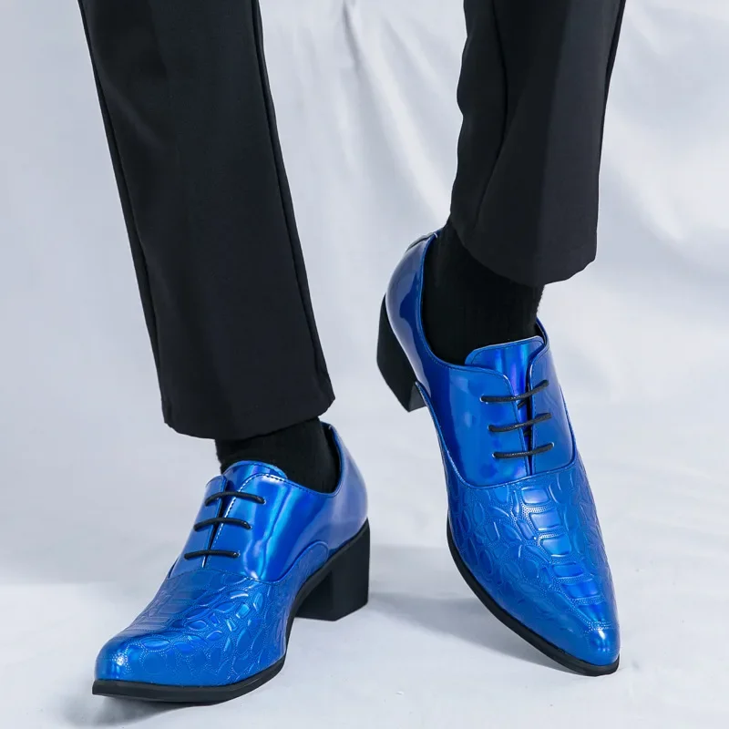 Luxury Wedding Dress Men High Heel Shoes Design Blue Man Patent Leather Shoes Party Men Pointed Toe Formal Shoes Zapatos Oxfords