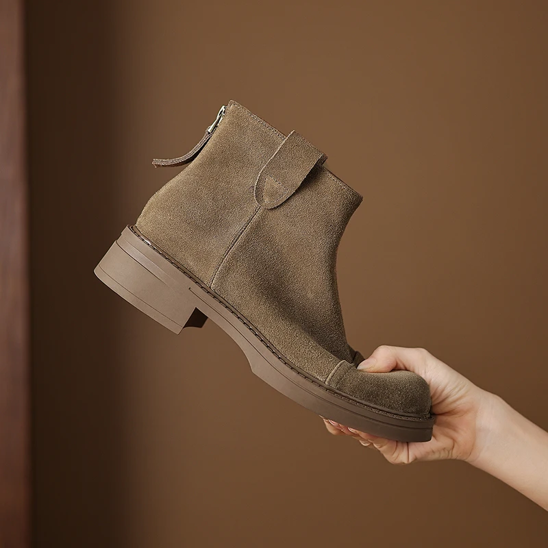 2026 new autumn winter women ankle boots natural leather plus size 22-26.5cm cow suede round toe thick heel back zip short boots