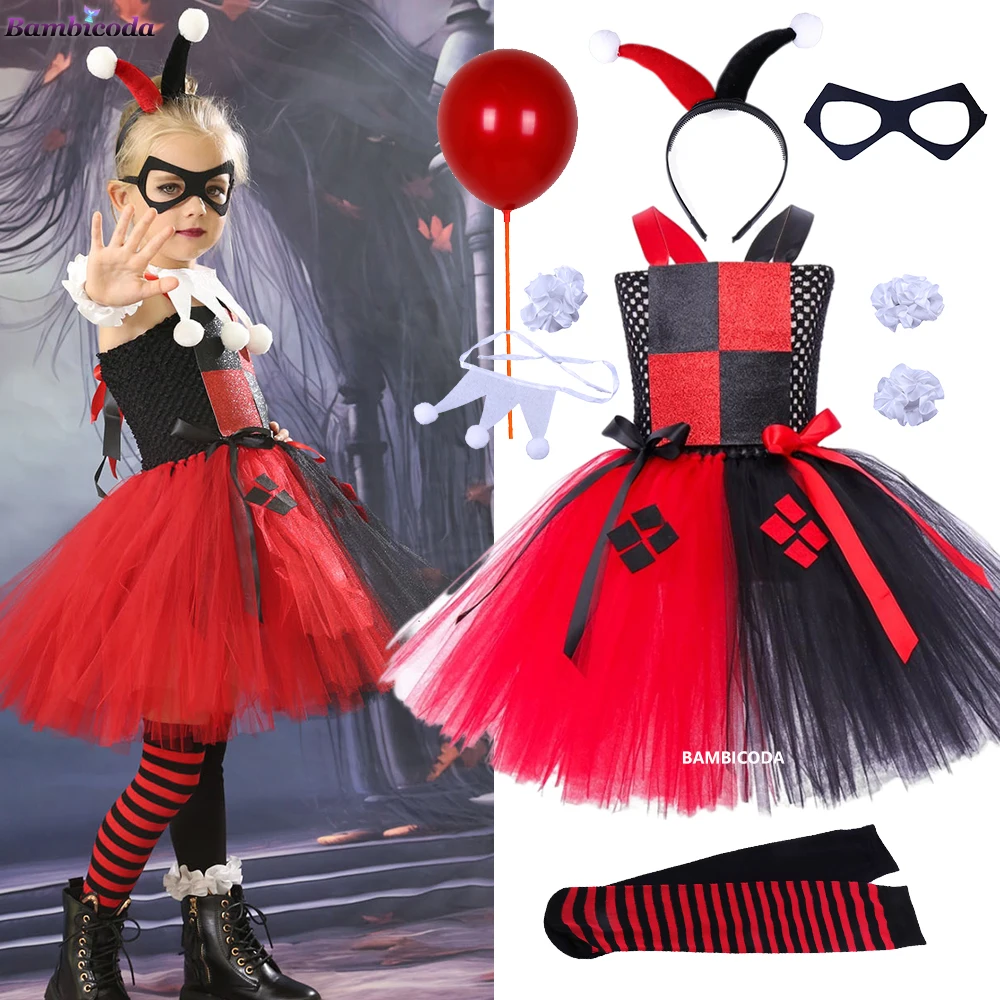 2024 Girls Clown Joker Costume Kids Cruella De Vil Fancy Dress Birthday Children Tutu Dress Halloween Villain Fantasy Cosplay