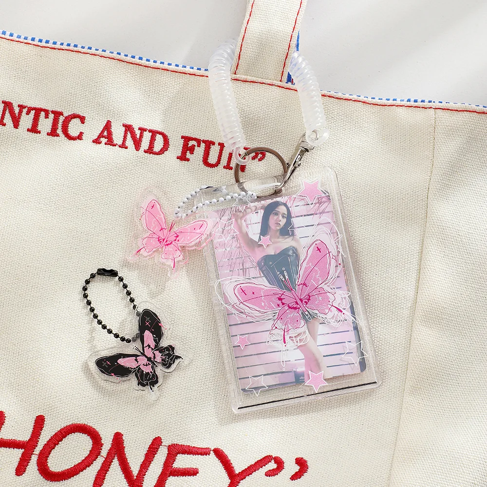 Y2k Transparent Photocard Holder Butterfly Photo Frame Card Sleeve Photo Pocket Keychain Card Protective Case With Elastic Rope