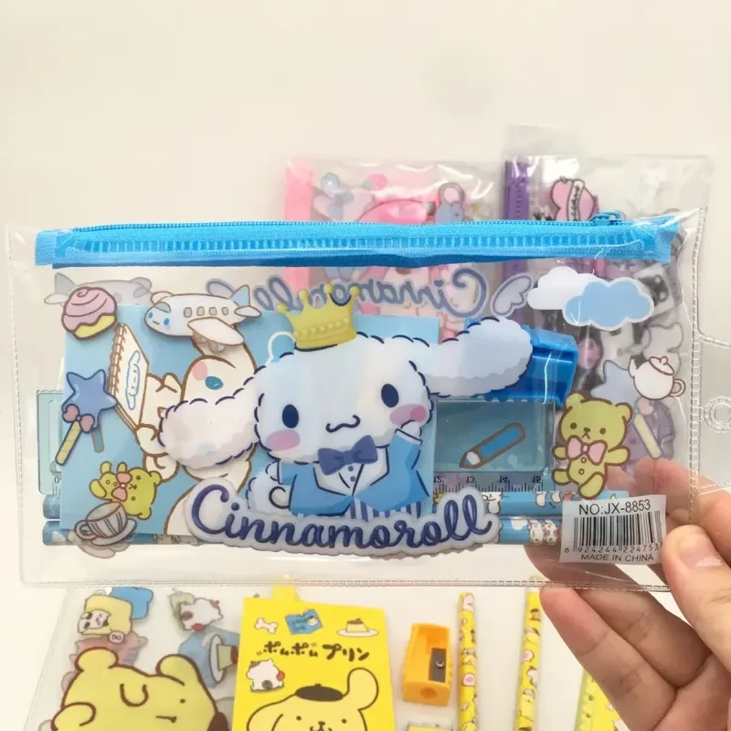 24pcs Cartoon Cute Sanrio Pencil Ruler Pencil Sharpener Notepad Eraser Stationery Set Zipper Bag Student Supplies Wholesale