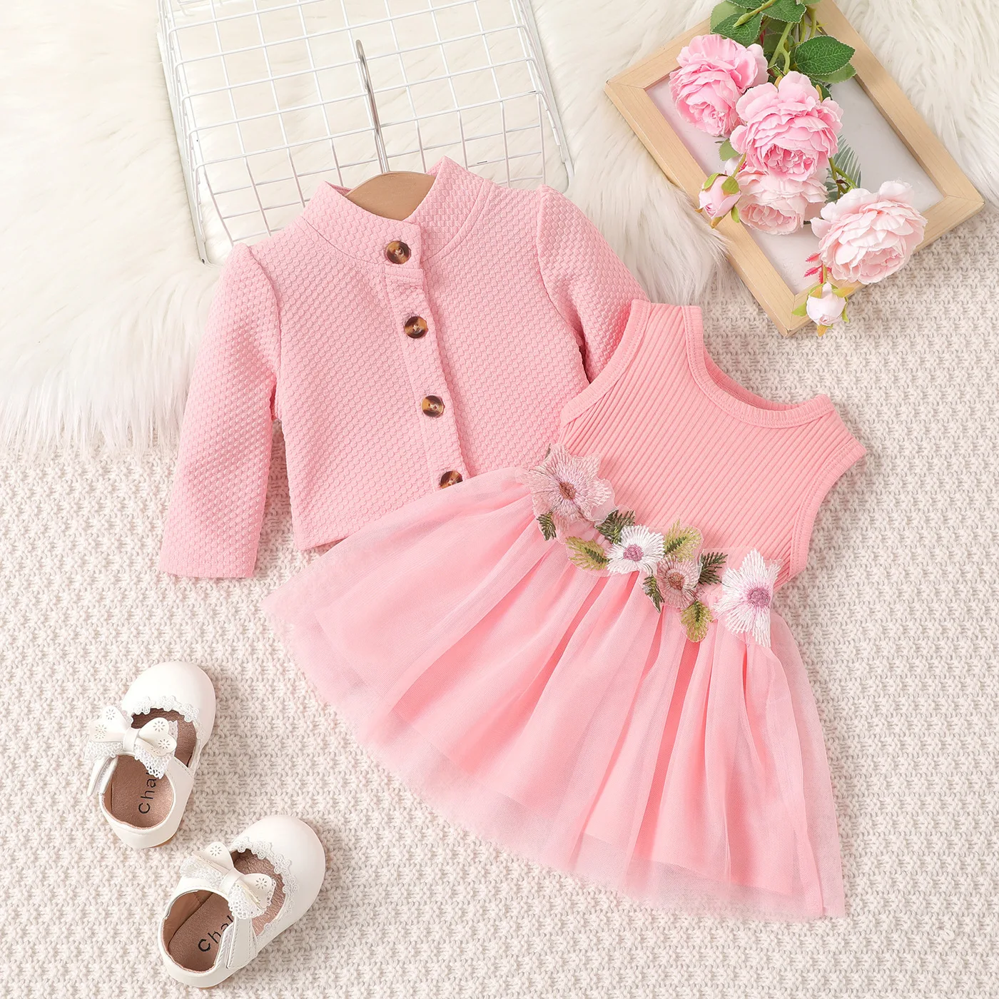 Conjunto de 2 piezas de ropa para niña recién nacida, abrigo sólido de moda coreana + vestido de princesa con flores de encaje, ropa de lujo para