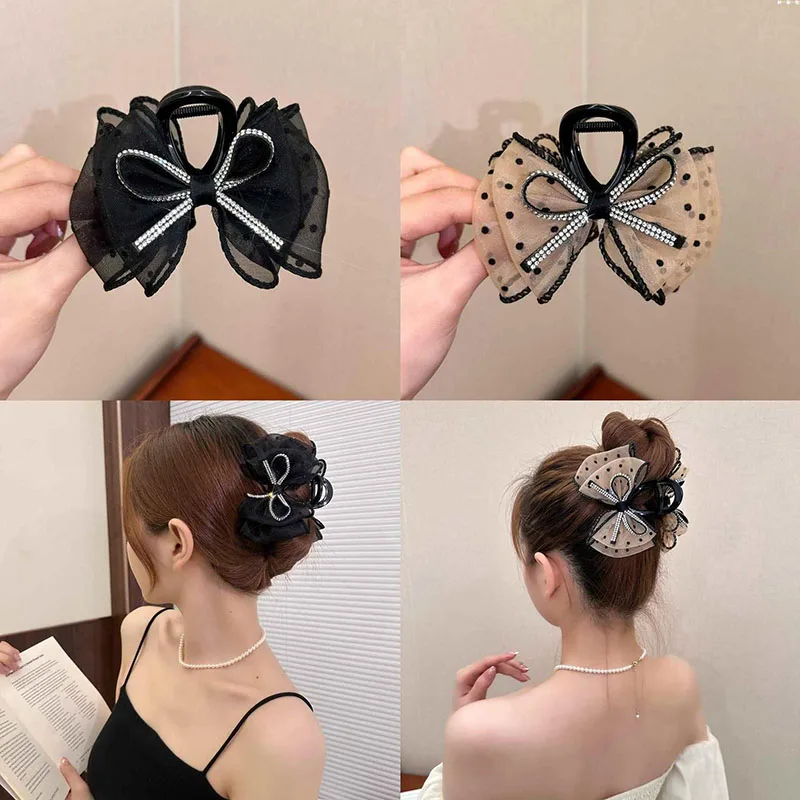 Trendy Lace Bow Hair Claw Sweet Geometric Butterfly Hair Clamp Woman Girls Vintage Elegant Rhinestone Ponytail Clip Accessories