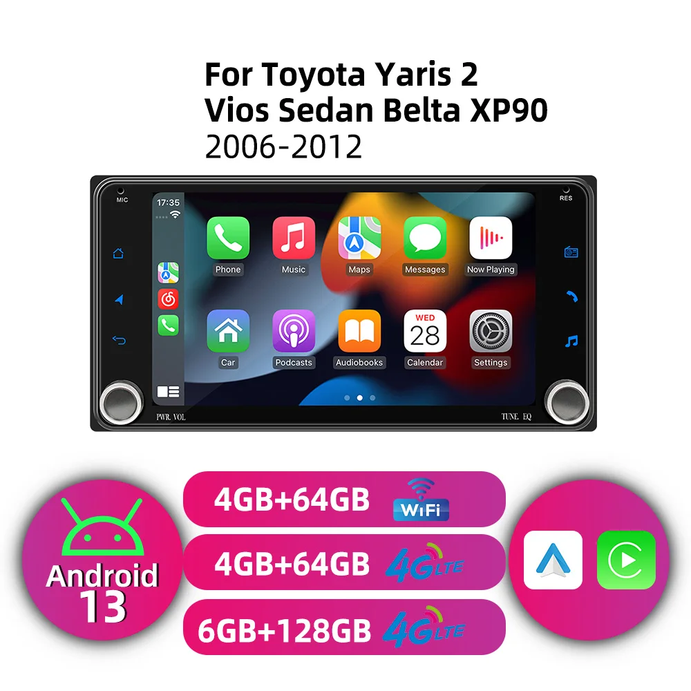2Din Car Radio for Toyota Yaris2 Yaris 2 Vios Sedan Belta XP90 2006-2012 Multimedia Wireless Carplay 7