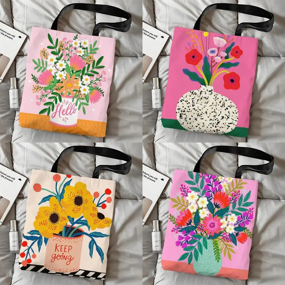 Artistic Potted Plants Storage Bags Double-Sided Print Canvas Tote Bag Fashion Large Capacity Women's Shoulder Handbag