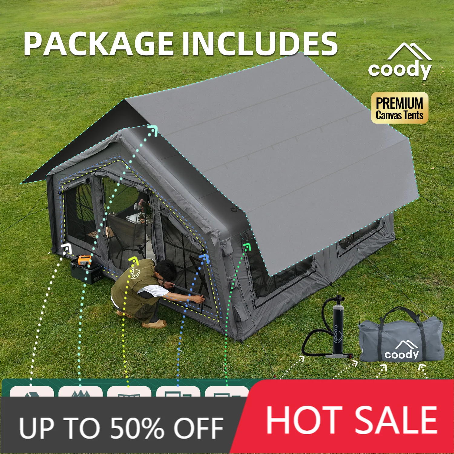 Large Space Portable Coody 13.6 Gray Inflatable Tent 4-8 Person Outdoor Family Camping Air Tent