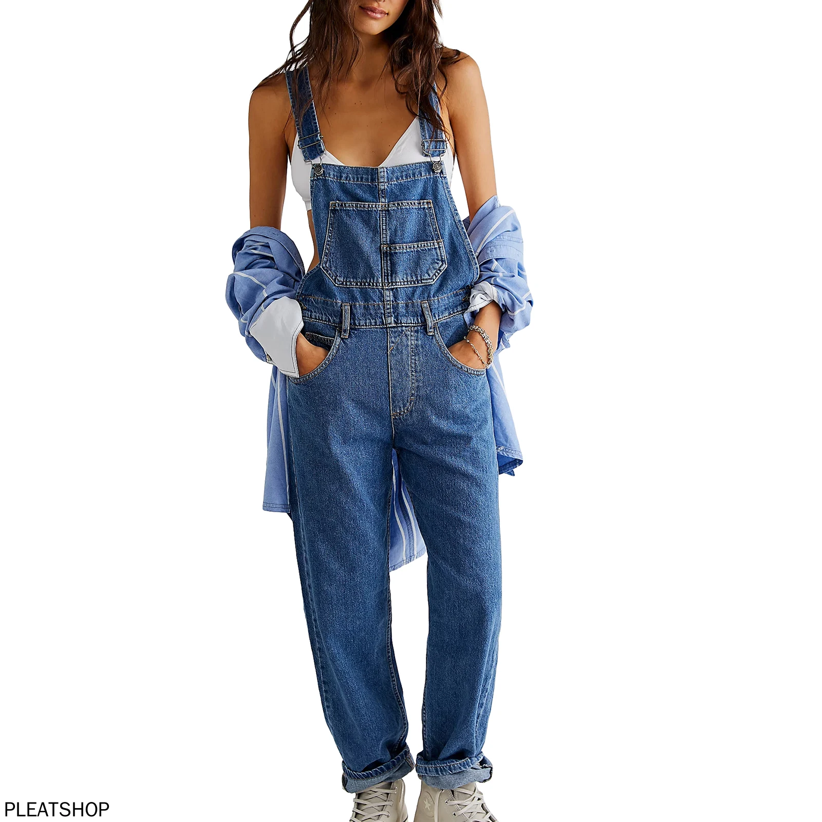 Jumpsuit panjang Denim wanita Fashion celana baju monyet kaki lebar tali Spaghetti kasual Overall Bib longgar musim panas
