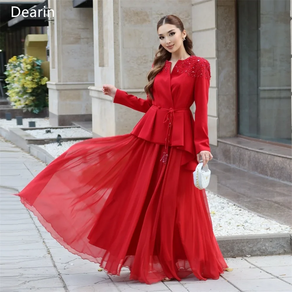 Customized Women Evening Gown Formal Dearin Scoop Neckline A-line Floor Length Skirts Draped Layered Tulle Beading Bespoke Occas