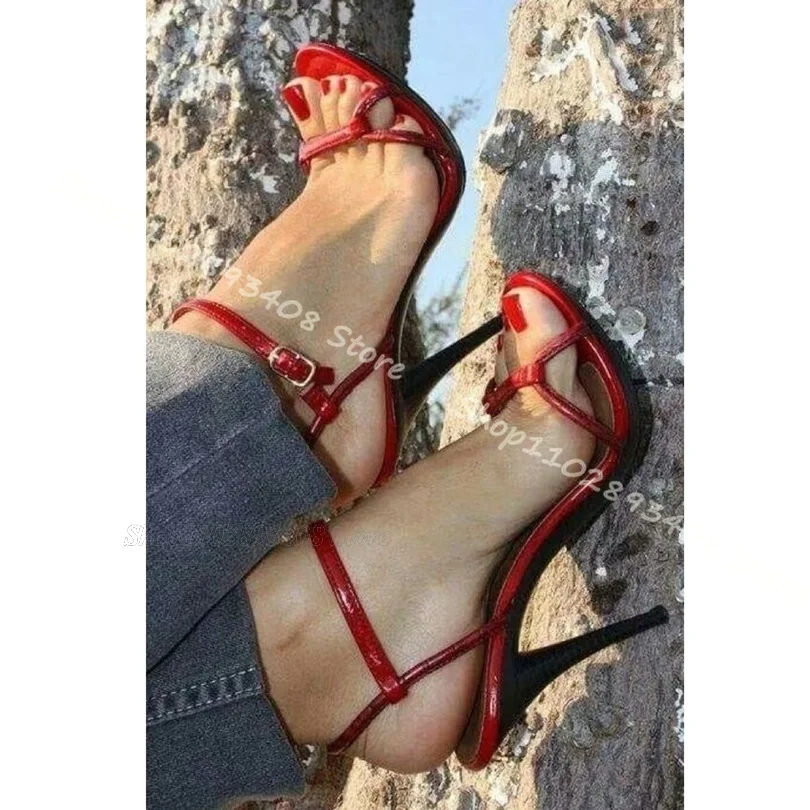 Red Ankle Buckle Stiletto Sandals Open Toe British Style High Heels Women Shoes Summer Dress Casual Sandals Zapatos Para Mujere