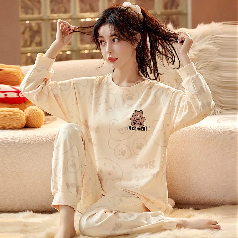 New Ladies Pajamas Two-Piece Spring And Autumn Pajamas Female Long-Sleeved Cute Cartoon Loose College Style Homewear Female Suit