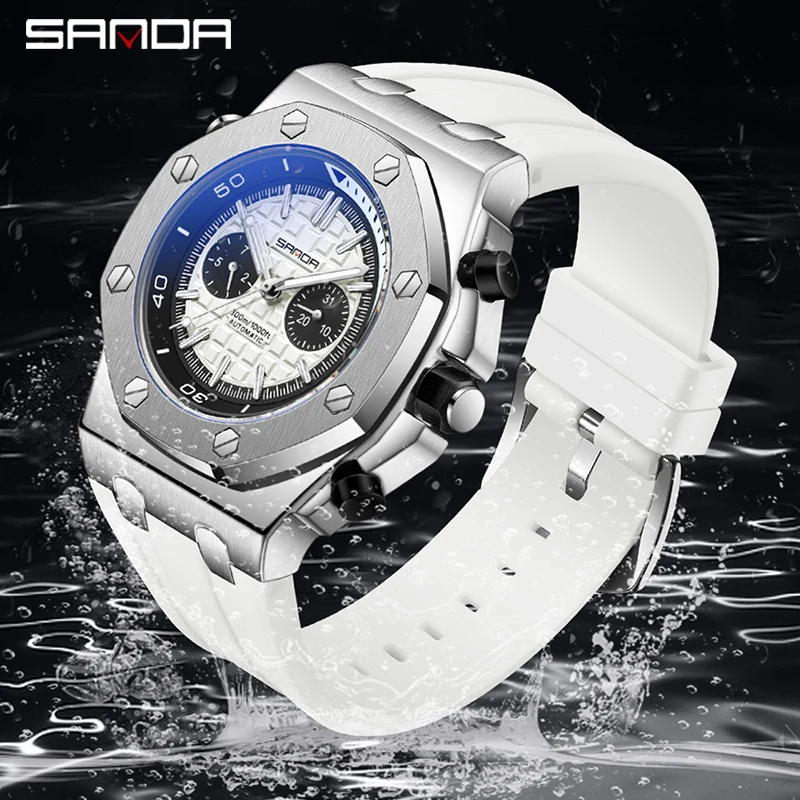 SANDA-Relógio automático casual masculino, mecânico, luminoso, impermeável, relógio, branco, pulseira de silicone, moda, novo