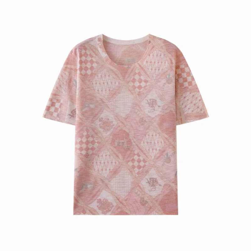 

Spring and Summer Knitted Sweater New Short-sleeved Women O-neck Slim Cotton Blend Pullover Printing T-shirt