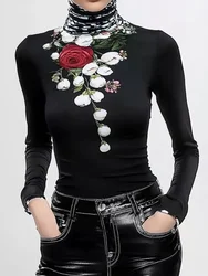 Yeezzi Women High Neck Floral Printed Pullover Tops 2025 New Spring Autumn Long Sleeves Skinny Split-Joint Urban Casual T-shirts