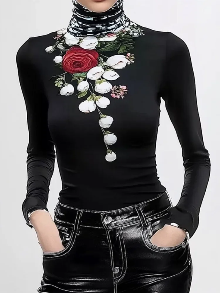Yeezzi damskie swetry z wysokim dekoltem i kwiatowym nadrukiem topy 2025 nowa wiosna jesień z długimi rękawami obcisłe, z rozcięciem miejskie t-shirty na co dzień