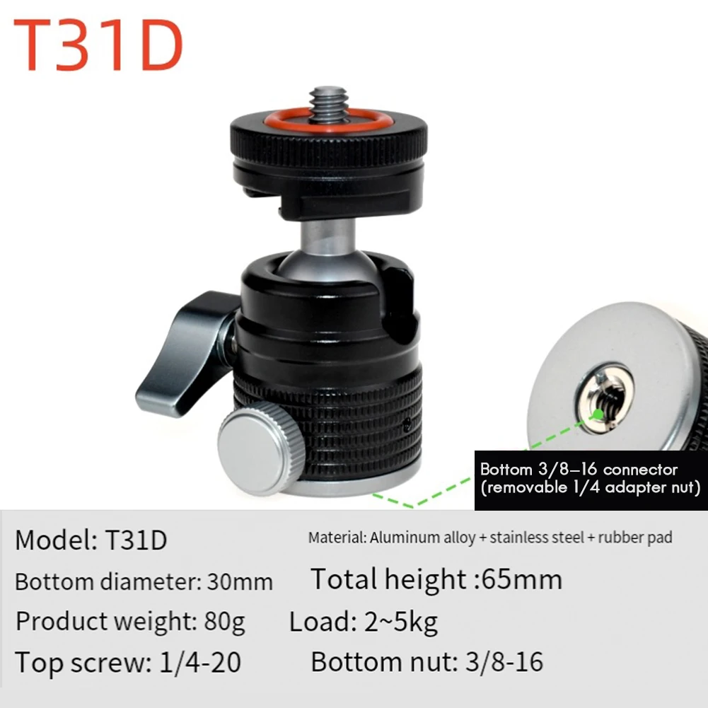 Mini Ball Head Tripod Head with Universal 3/8 Inch Screw Mounts for DSLR Cameras Flash Tripod Monopod Fill Light